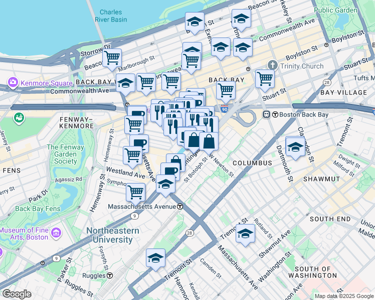 map of restaurants, bars, coffee shops, grocery stores, and more near 177 Huntington Avenue in Boston