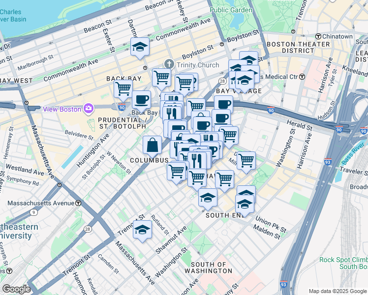 map of restaurants, bars, coffee shops, grocery stores, and more near 67 Dartmouth Street in Boston