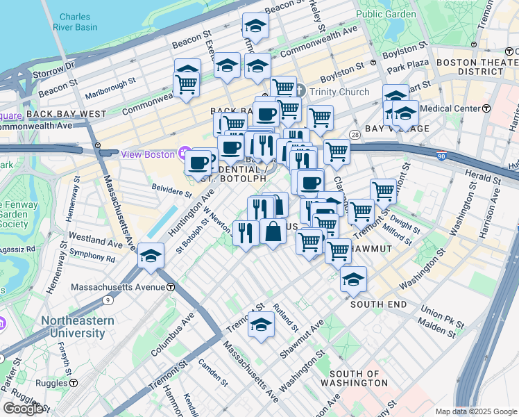 map of restaurants, bars, coffee shops, grocery stores, and more near in Boston