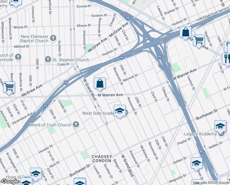 map of restaurants, bars, coffee shops, grocery stores, and more near 3800 West Warren Avenue in Detroit