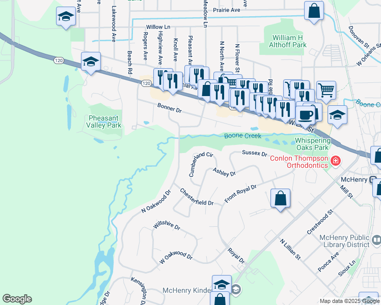 map of restaurants, bars, coffee shops, grocery stores, and more near 1129 Cumberland Circle in McHenry