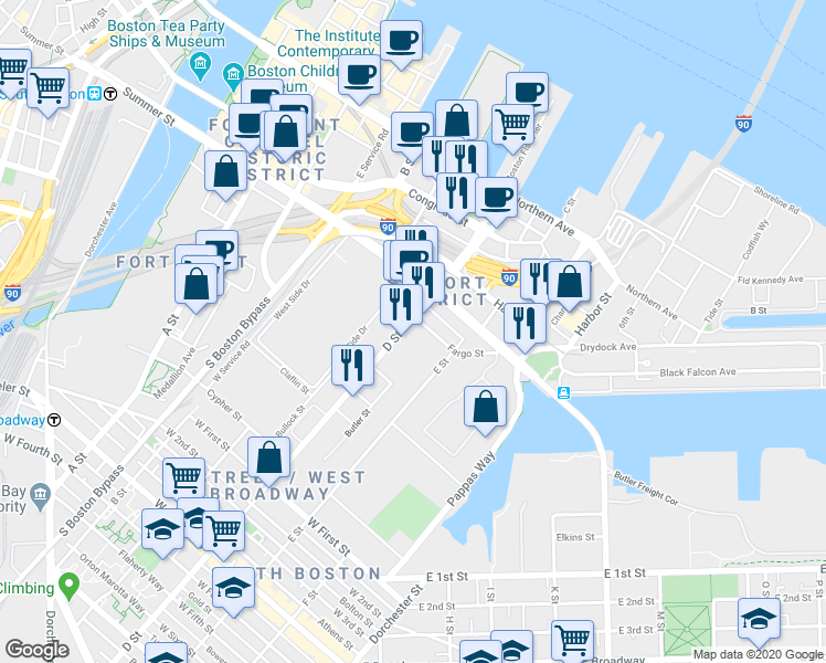 map of restaurants, bars, coffee shops, grocery stores, and more near 451 D Street in Boston