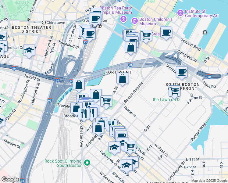 map of restaurants, bars, coffee shops, grocery stores, and more near 1 Channel Center Street in Boston