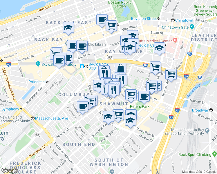 map of restaurants, bars, coffee shops, grocery stores, and more near 34 Warren Avenue in Boston