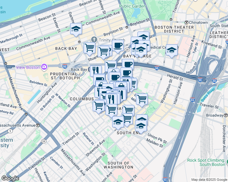 map of restaurants, bars, coffee shops, grocery stores, and more near 77 Warren Avenue in Boston