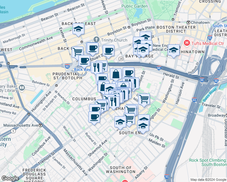 map of restaurants, bars, coffee shops, grocery stores, and more near 77 Warren Avenue in Boston