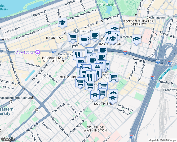 map of restaurants, bars, coffee shops, grocery stores, and more near in Boston