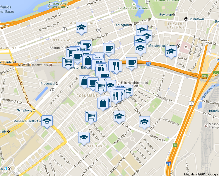 map of restaurants, bars, coffee shops, grocery stores, and more near 67 Dartmouth Street in Boston