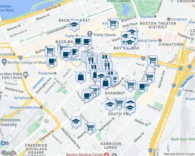 map of restaurants, bars, coffee shops, grocery stores, and more near 67 Dartmouth Street in Boston
