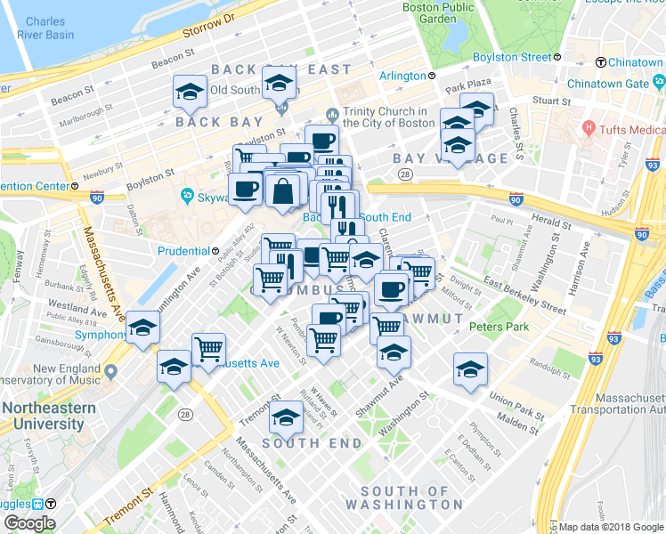 map of restaurants, bars, coffee shops, grocery stores, and more near 376-376A Columbus Avenue in Boston