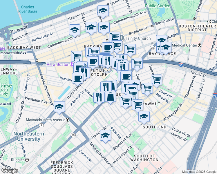 map of restaurants, bars, coffee shops, grocery stores, and more near in Boston