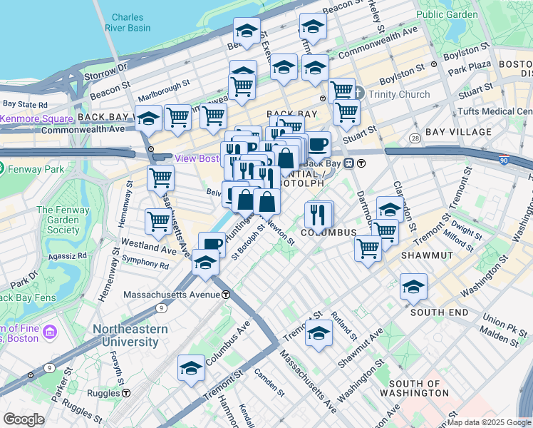 map of restaurants, bars, coffee shops, grocery stores, and more near 94 Saint Botolph Street in Boston