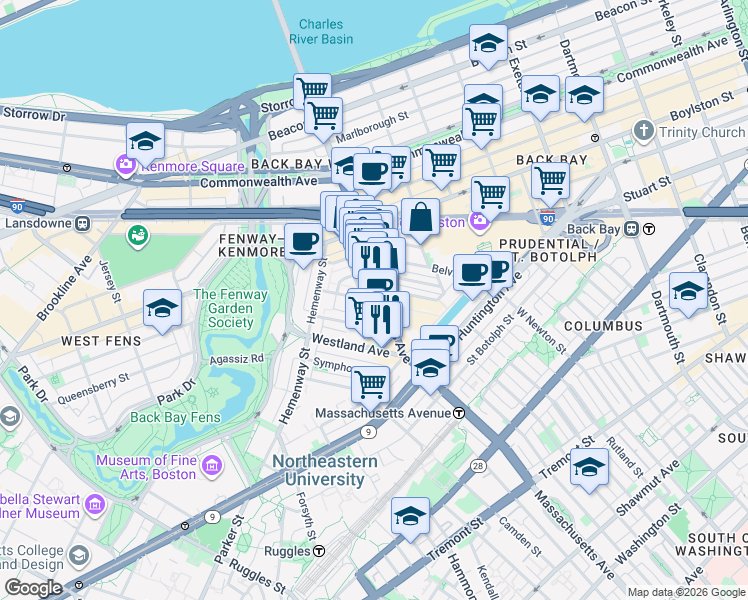 map of restaurants, bars, coffee shops, grocery stores, and more near 216 Massachusetts Avenue in Boston