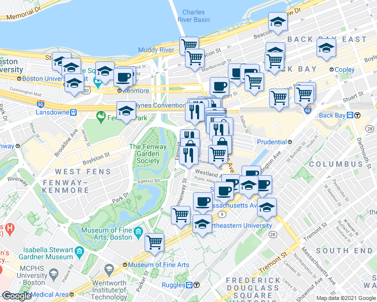 map of restaurants, bars, coffee shops, grocery stores, and more near 56-60 Hemenway Street in Boston