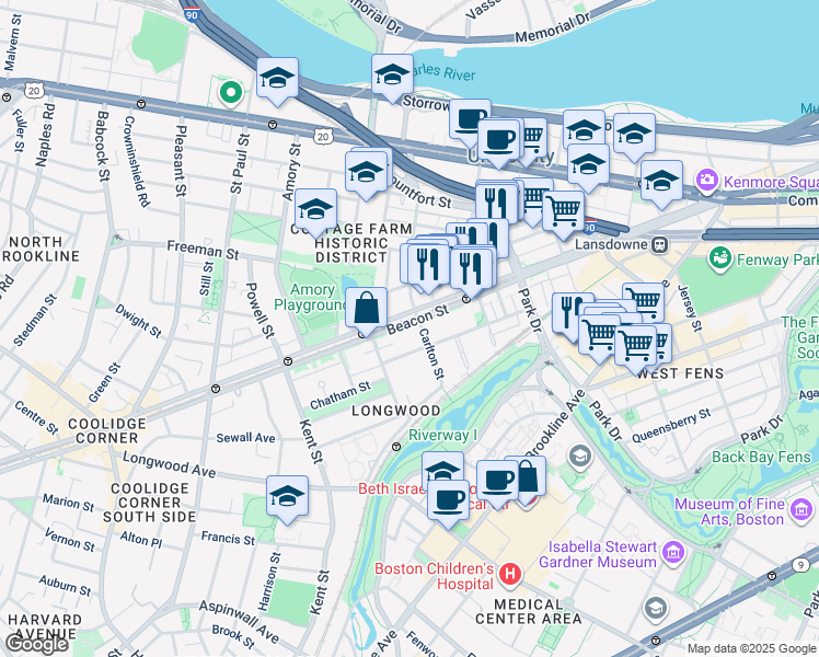 map of restaurants, bars, coffee shops, grocery stores, and more near 46 Carlton Street in Brookline