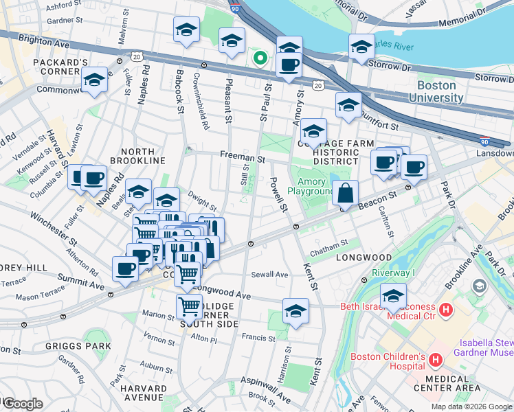 map of restaurants, bars, coffee shops, grocery stores, and more near 217 Saint Paul Street in Brookline