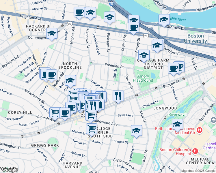 map of restaurants, bars, coffee shops, grocery stores, and more near 63 Parkman Street in Brookline