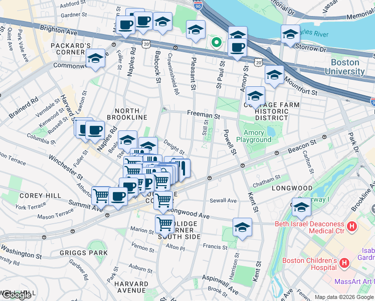 map of restaurants, bars, coffee shops, grocery stores, and more near 15 Dwight Street in Brookline