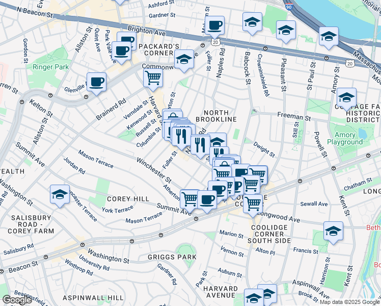 map of restaurants, bars, coffee shops, grocery stores, and more near 13 Beals Street in Brookline