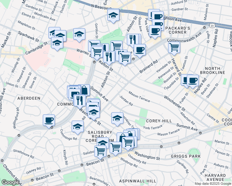 map of restaurants, bars, coffee shops, grocery stores, and more near 246 Corey Road in Boston