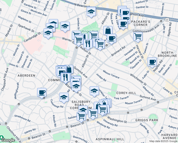 map of restaurants, bars, coffee shops, grocery stores, and more near 246 Corey Road in Boston