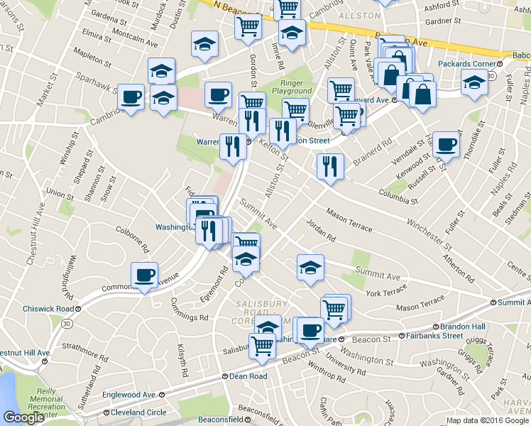 map of restaurants, bars, coffee shops, grocery stores, and more near 4 Woodstock Avenue in Boston