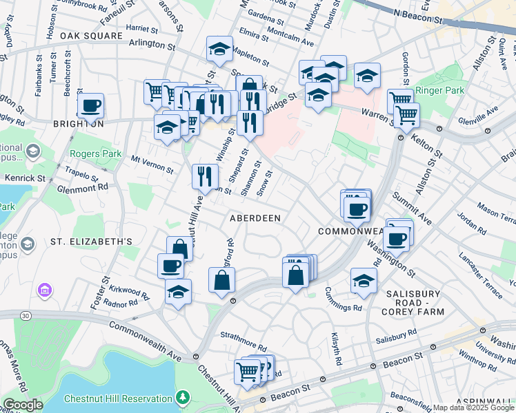 map of restaurants, bars, coffee shops, grocery stores, and more near in Boston