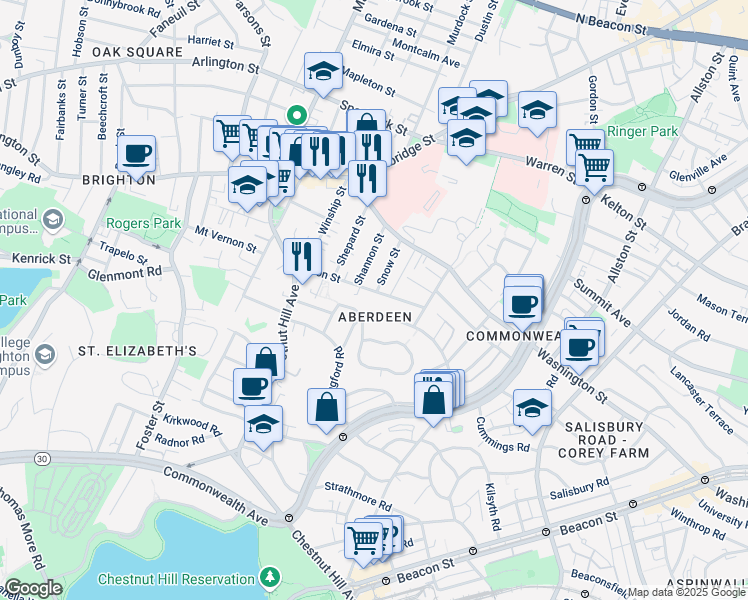 map of restaurants, bars, coffee shops, grocery stores, and more near in Boston