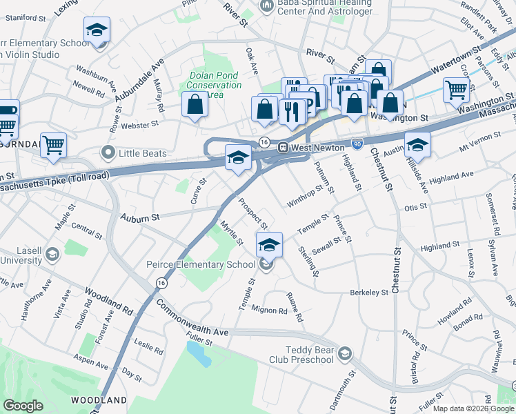 map of restaurants, bars, coffee shops, grocery stores, and more near 10 Westview Terrace in Newton