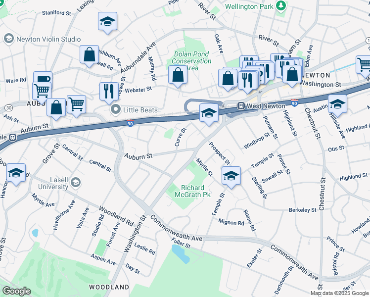 map of restaurants, bars, coffee shops, grocery stores, and more near 1545 Washington Street in Newton