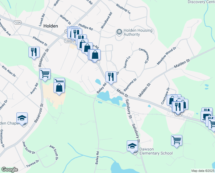 map of restaurants, bars, coffee shops, grocery stores, and more near 985 Main Street in Holden