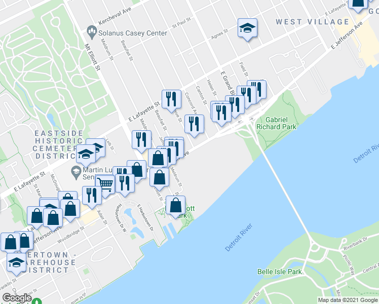 map of restaurants, bars, coffee shops, grocery stores, and more near 6500 East Jefferson Avenue in Detroit