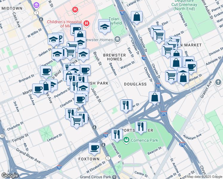 map of restaurants, bars, coffee shops, grocery stores, and more near 2832 Brush Street in Detroit