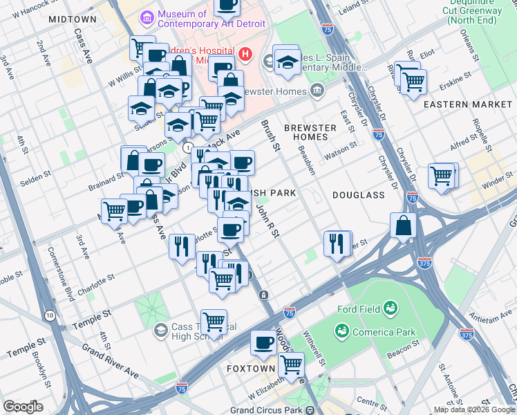 map of restaurants, bars, coffee shops, grocery stores, and more near in Detroit