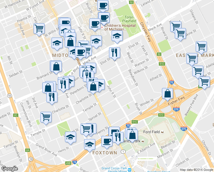 map of restaurants, bars, coffee shops, grocery stores, and more near in Detroit