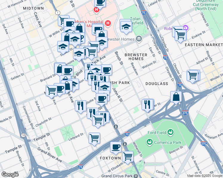 map of restaurants, bars, coffee shops, grocery stores, and more near in Detroit