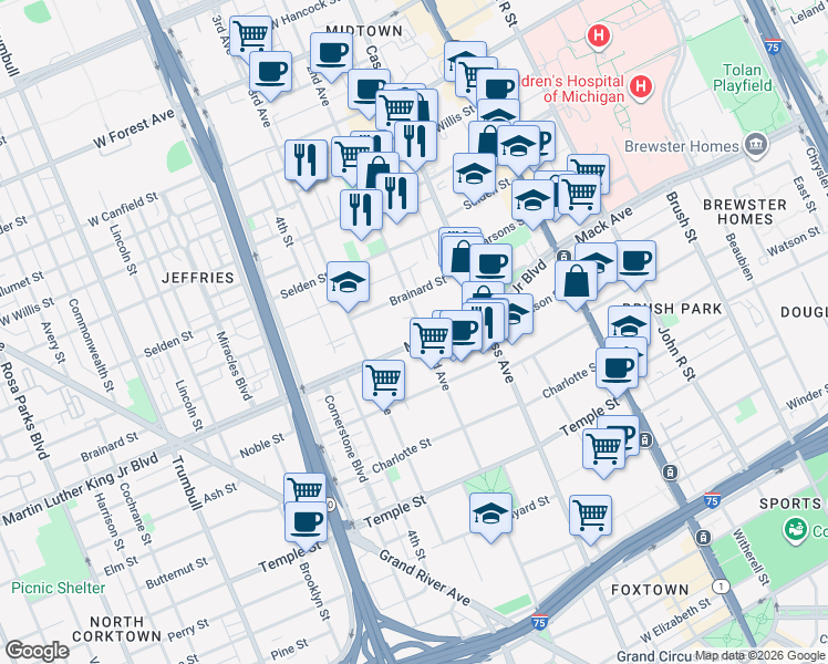map of restaurants, bars, coffee shops, grocery stores, and more near 630 Martin Luther King Junior Boulevard in Detroit