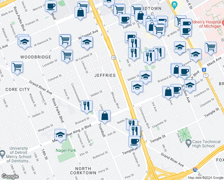 map of restaurants, bars, coffee shops, grocery stores, and more near 1229 Selden Street in Detroit