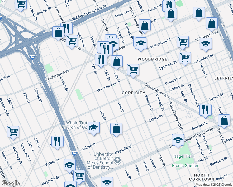map of restaurants, bars, coffee shops, grocery stores, and more near 4434 16th Street in Detroit