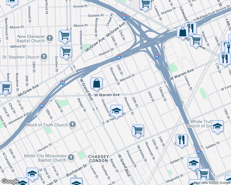 map of restaurants, bars, coffee shops, grocery stores, and more near 3800 West Warren Avenue in Detroit