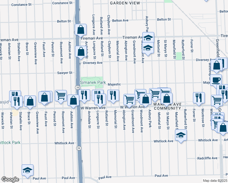 map of restaurants, bars, coffee shops, grocery stores, and more near 7303 Memorial Street in Detroit