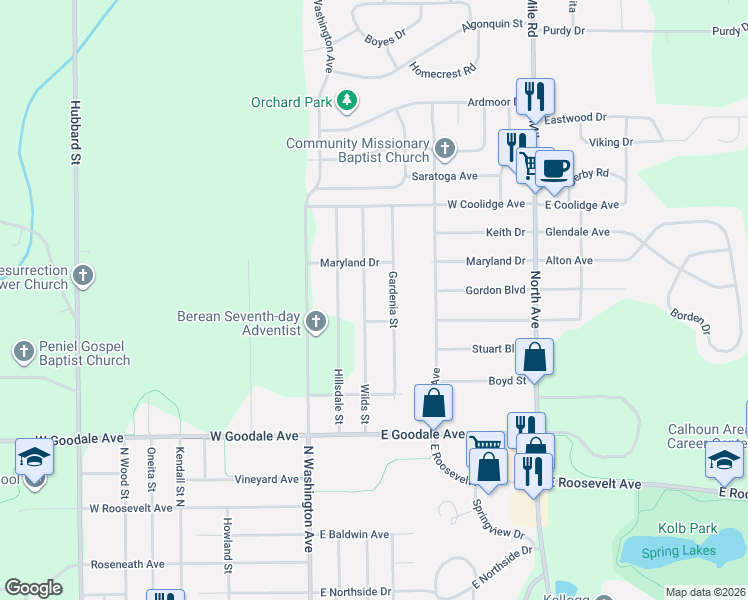 map of restaurants, bars, coffee shops, grocery stores, and more near 170 Wilds Street in Battle Creek