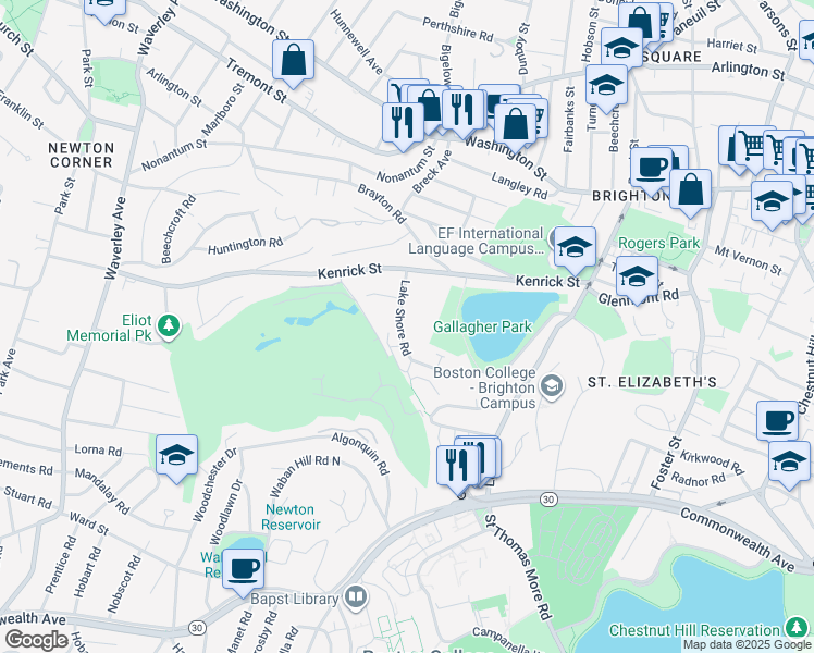 map of restaurants, bars, coffee shops, grocery stores, and more near 185 Lake Shore Road in Boston