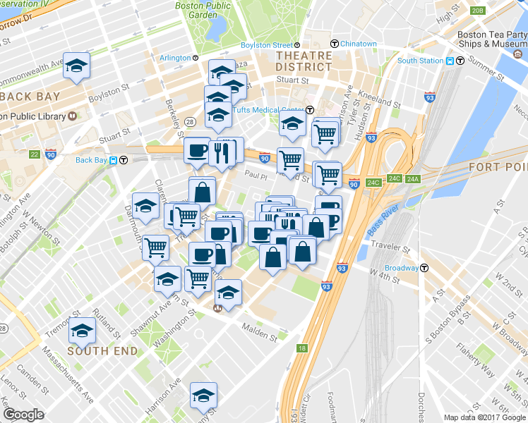 map of restaurants, bars, coffee shops, grocery stores, and more near 19 Castle Court in Boston