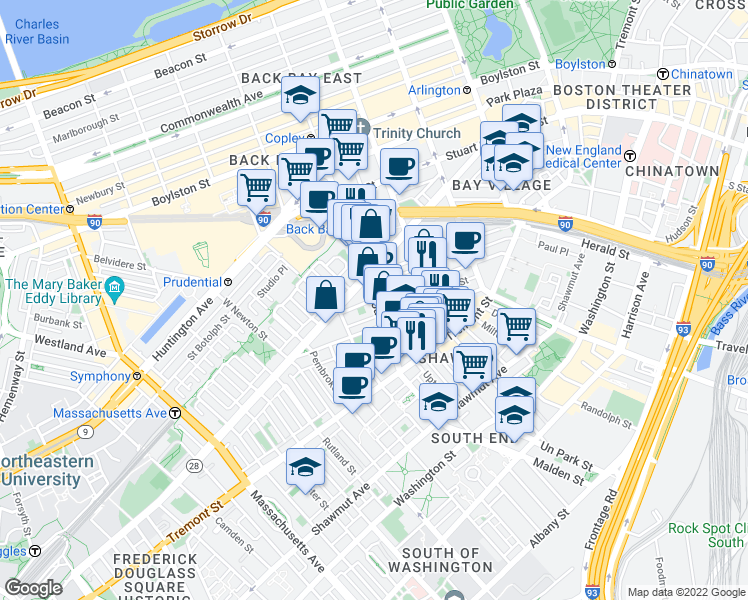 map of restaurants, bars, coffee shops, grocery stores, and more near Dartmouth St & Appleton St in Boston