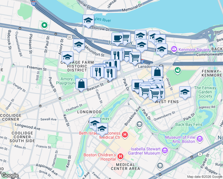 map of restaurants, bars, coffee shops, grocery stores, and more near 34 Medfield Street in Boston