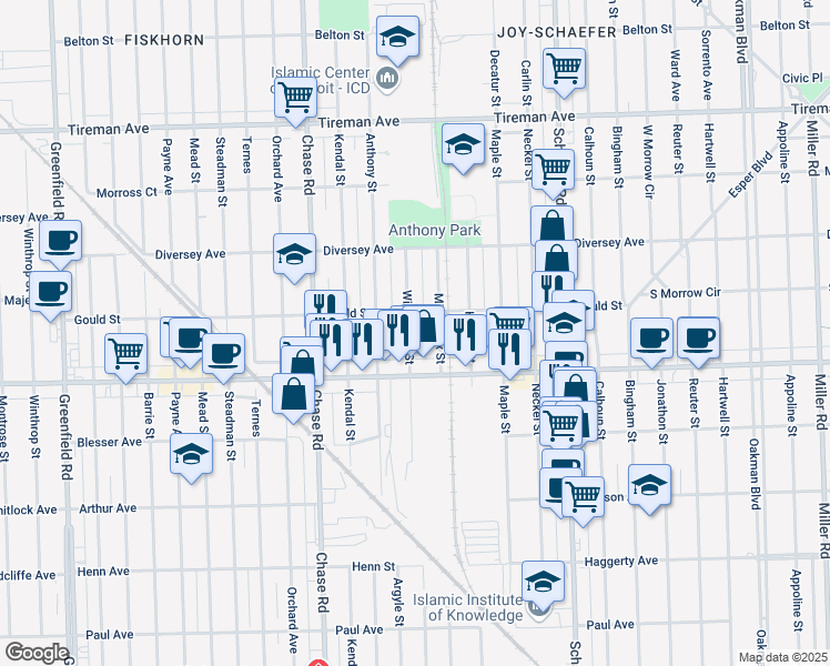 map of restaurants, bars, coffee shops, grocery stores, and more near 7320 Williamson Street in Dearborn
