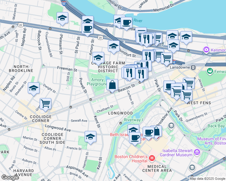 map of restaurants, bars, coffee shops, grocery stores, and more near Beacon Street & Hawes Street in Brookline