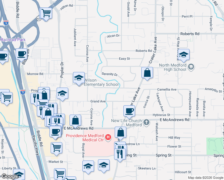 map of restaurants, bars, coffee shops, grocery stores, and more near 1632 Johnson Street in Medford