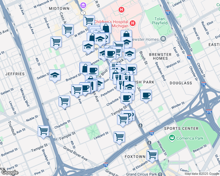 map of restaurants, bars, coffee shops, grocery stores, and more near 58 Peterboro Street in Detroit